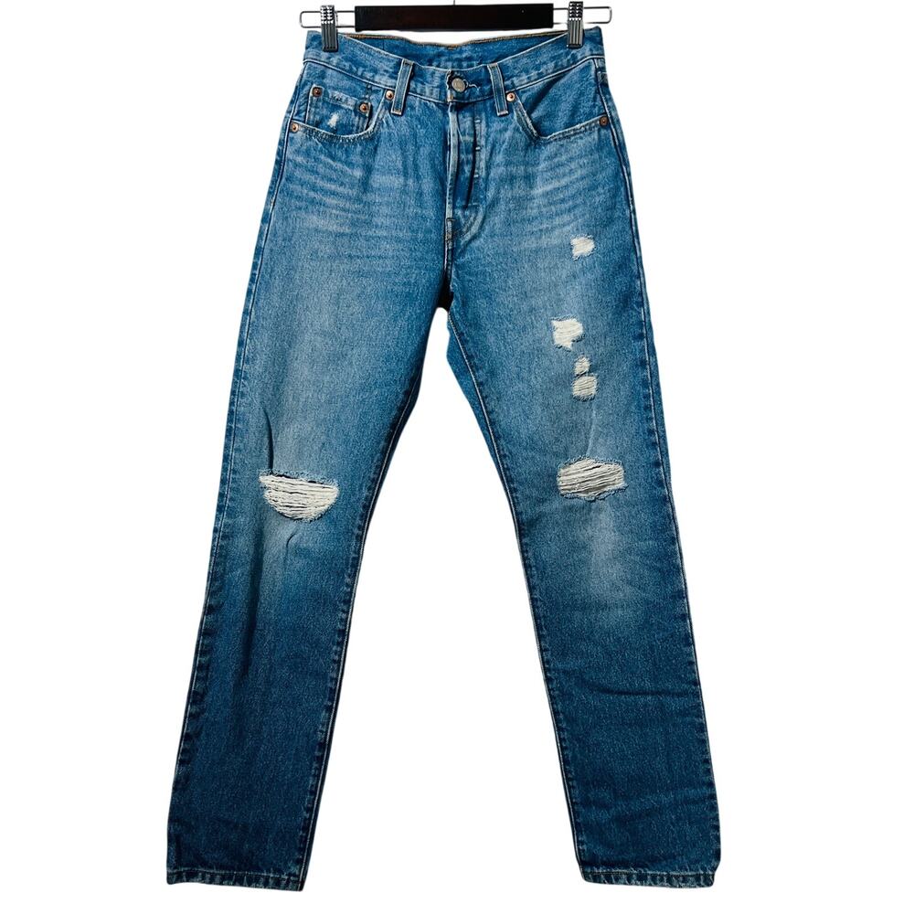 Levis 501 Original Fit Jeans Womens 25 Blue Button Fly Distressed Straight Leg
